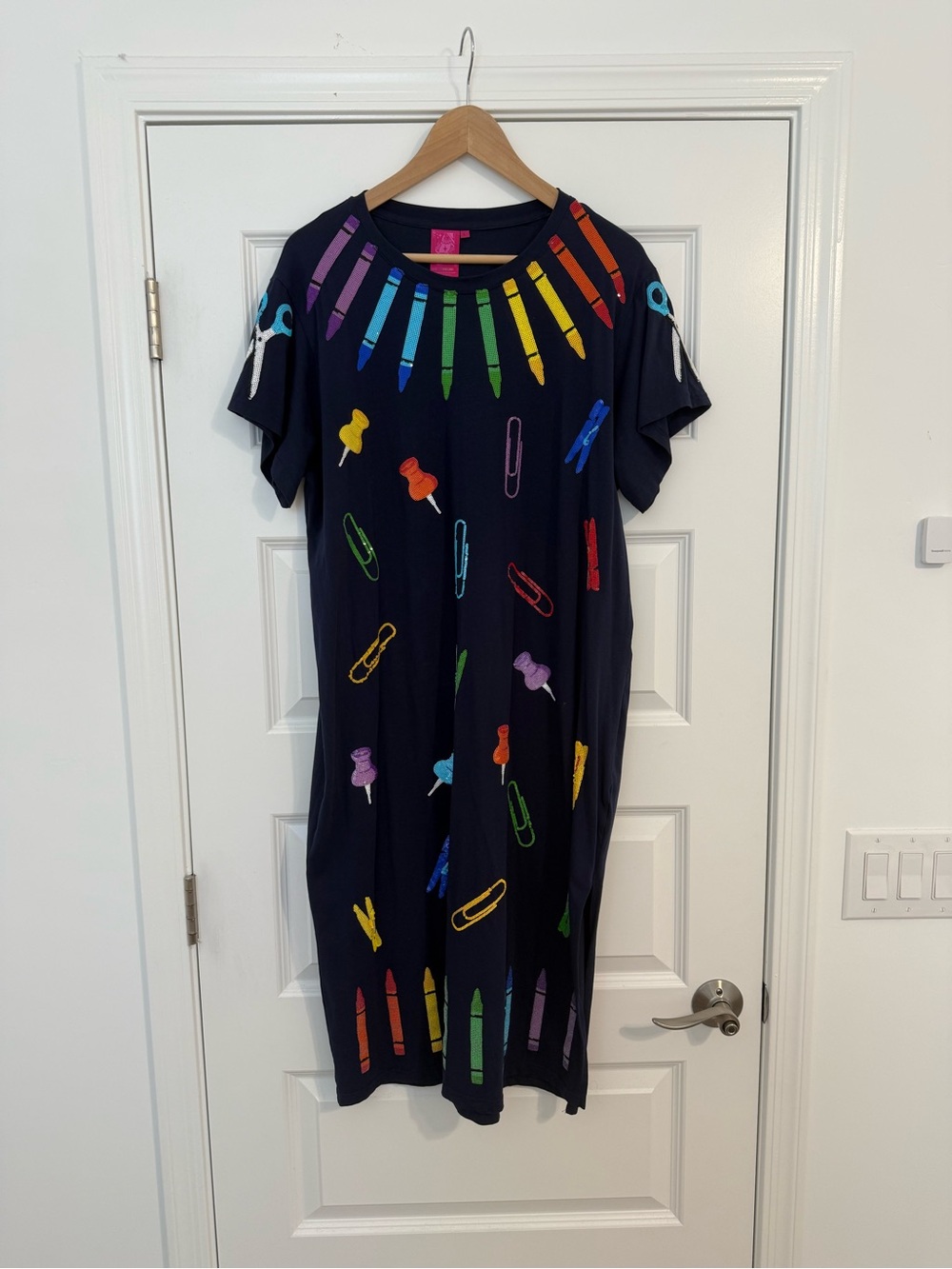 QOS: Rainbow Stationery Print Navy Midi Dress